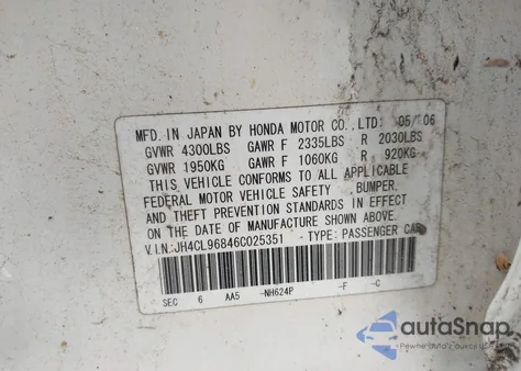 2006 Acura Tsx z USA, uszkodzony, nr VIN JH4CL96846C025351